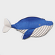 A whale-shaped plush pillow or pouch in blue and white with black pinstripes on the underside, shown against a light gray background.
