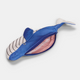 A whale-shaped zipper pouch in blue and white with a pink interior lining, shown on a light gray background.