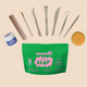 Tangerine Clay air-dry kit featuring a green resealable pouch, a small jar of watercolor paint, and seven sculpting tools arranged on a light beige background.