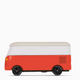 A retro-style toy van with a two-tone design, featuring a white upper section and a coral-red lower section, with black wheels and a light beige roof, shown against a plain white background.