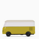 A retro-style toy van with a two-tone design, featuring a mustard yellow lower body and a cream-colored upper body and roof, shown from a side profile on a white background.