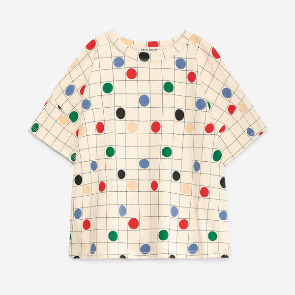 A short-sleeve crewneck top, featuring a cream-colored grid pattern overlaid with colorful polka dots in red, green, blue, black, and beige.