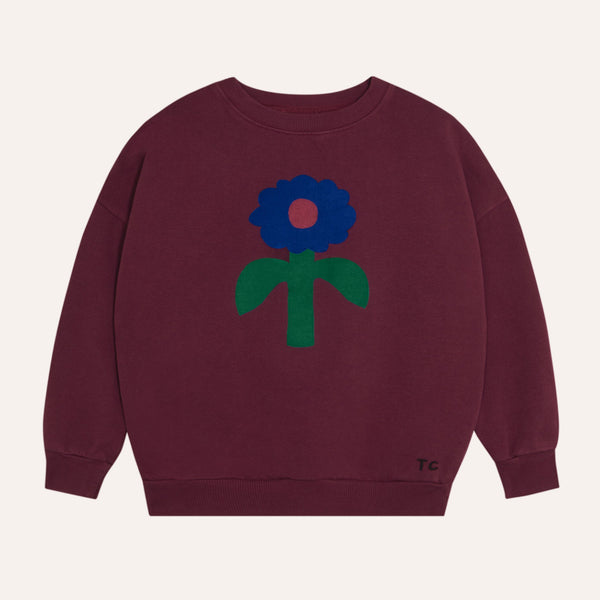 Maroon sweatshirt with a colorful flower design on a beige background