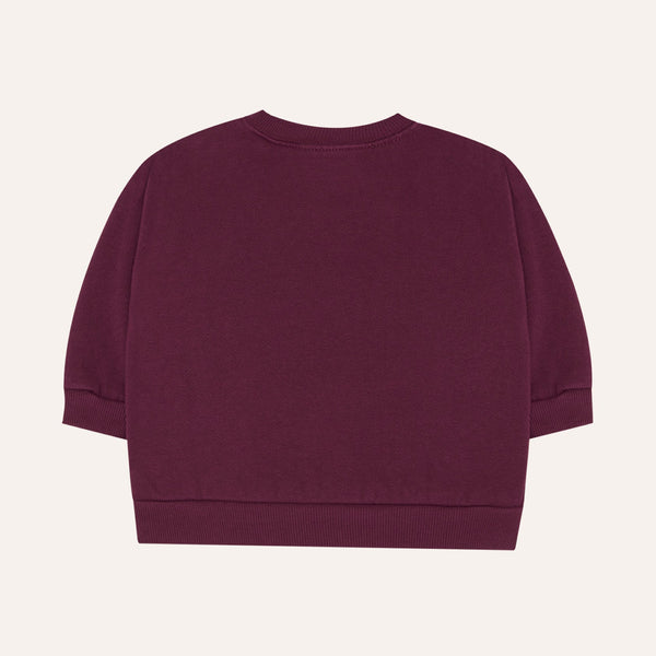 A dark plum purple cropped sweatshirt with long sleeves and ribbed cuffs, shown from the back on a light cream background.