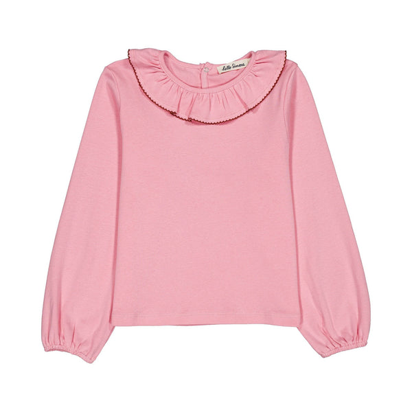 A pink long-sleeve blouse with a ruffled collar and gathered cuffs, shown flat against a plain white background.