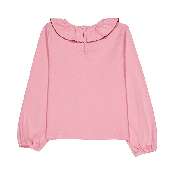 A pink long-sleeve blouse with a ruffled collar and elasticized cuffs, shown flat against a plain white background.
