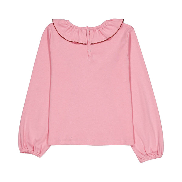 A pink long-sleeve blouse with a ruffled collar and elasticized cuffs, shown flat against a plain white background.